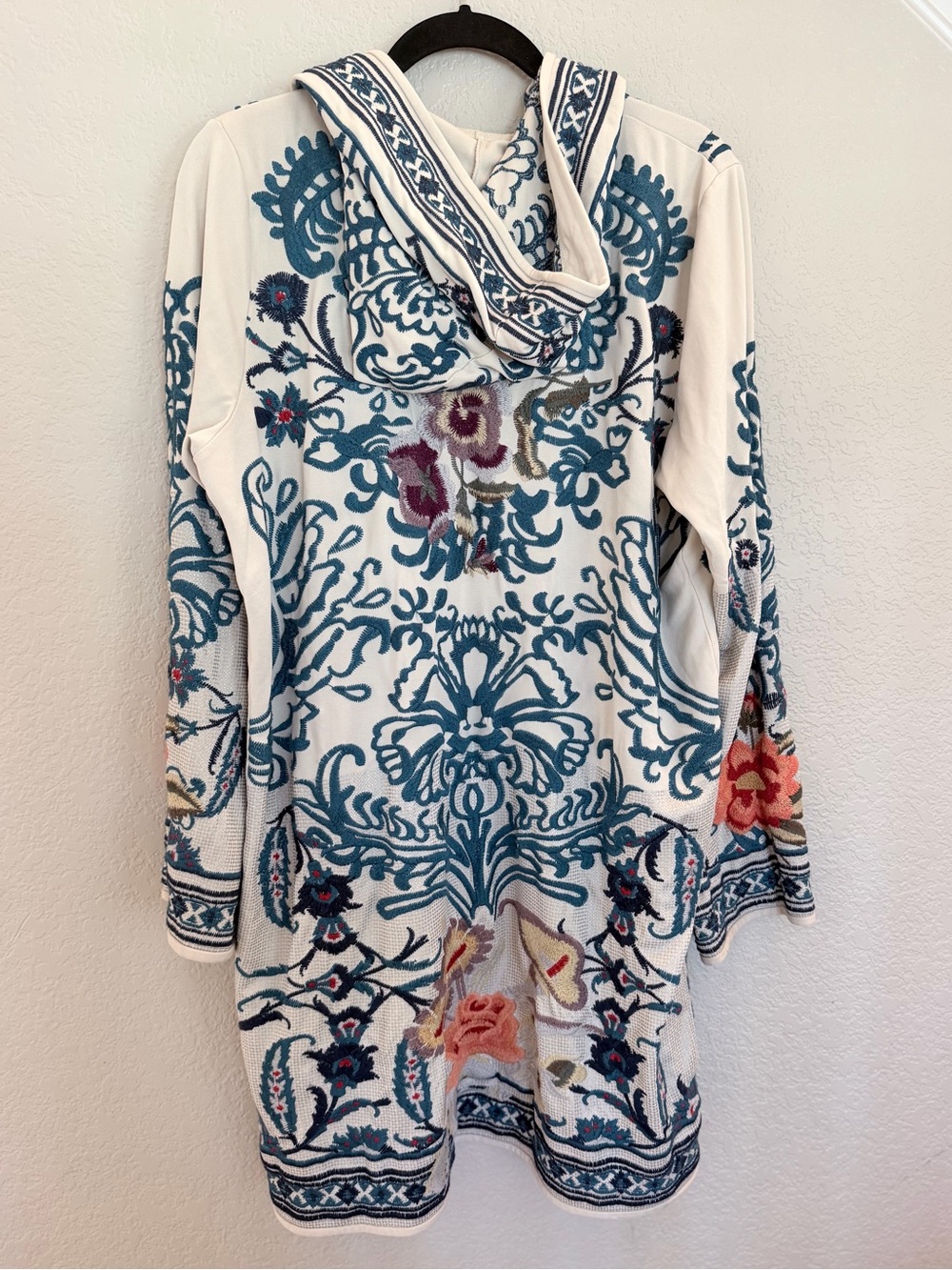 Johnny Was Biya Embroidered Hooded Cardigan — Cream/Blue, Size XL - Picture 6 of 9